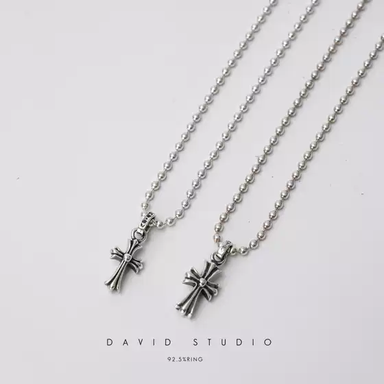 David Studio925 Sterling Silver European and American Retro Cross Bead Chain Necklace for Men and Women, Stylish and Fashionable