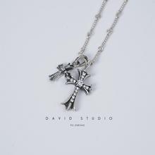 David studio925纯银手工镶钻 十字架大小 网红款项麻花链 项链潮