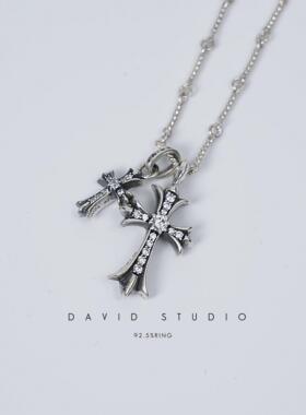 David studio925纯银手工镶钻 十字架大小 网红款项麻花链 项链潮