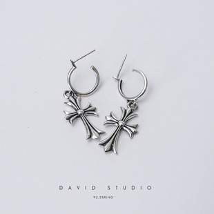 David studio 925纯银十字架耳环耳坠 朋克做旧情侣耳环