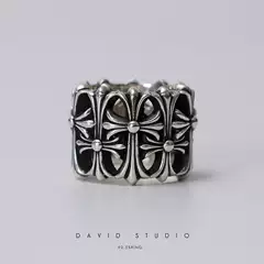 David Studio925 Sterling Silver Ancient Tomb Layered Cross Couple Ring, Personalized Trendy Men's and Women's Ring