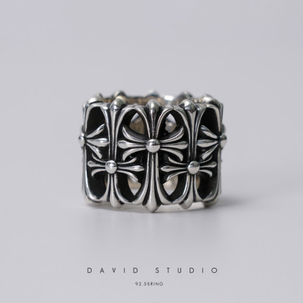 David studio925纯银古墓层叠十字架情侣指环 个性潮流男女款戒指