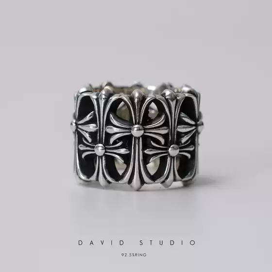 David Studio925 Sterling Silver Ancient Tomb Layered Cross Couple Ring, Personalized Trendy Men's and Women's Ring