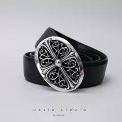 David Studio S925 Sterling Silver Cross Oval Classic First-Layer Cowhide Men's Versatile Couple's Belt