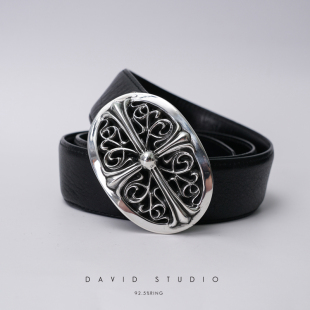 頭層牛皮男款 David studio S925純銀十字架橢圓經(jīng)典 情侶百搭皮帶
