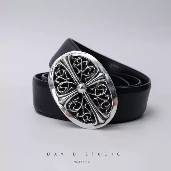 David Studio S925 Sterling Silver Cross Oval Classic First-Layer Cowhide Men's Versatile Couple's Belt