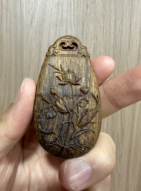 越南芽庄白奇楠沉香好运莲莲山水牌结油满吊坠挂件手把件沉水级