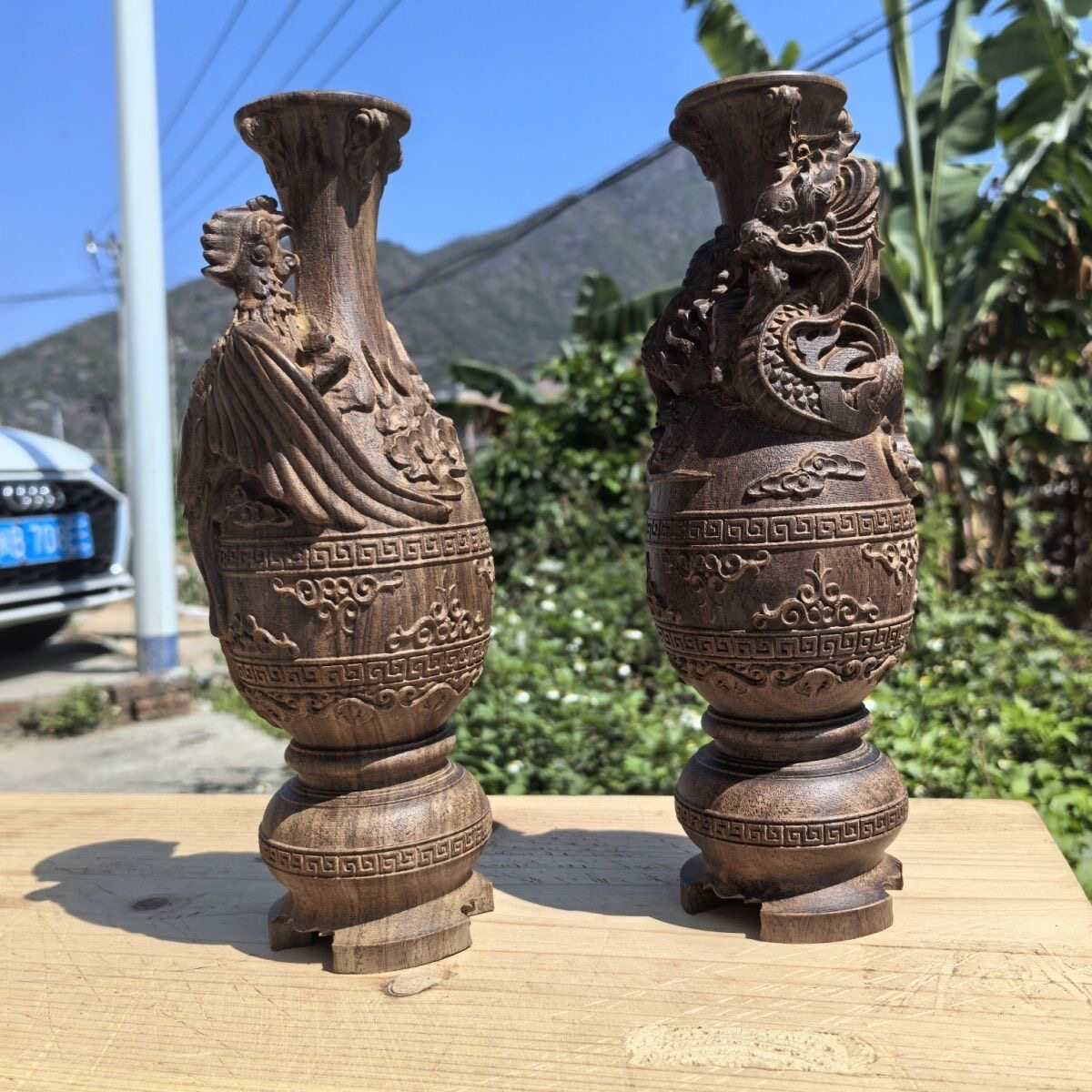 正品白棋楠老料超大立体雕刻龙凤花瓶摆件家居客厅电视柜摆设