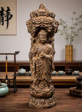 越南沉香木雕三宝佛塔摆件家用释迦牟尼药师佛阿弥陀佛装饰工艺品