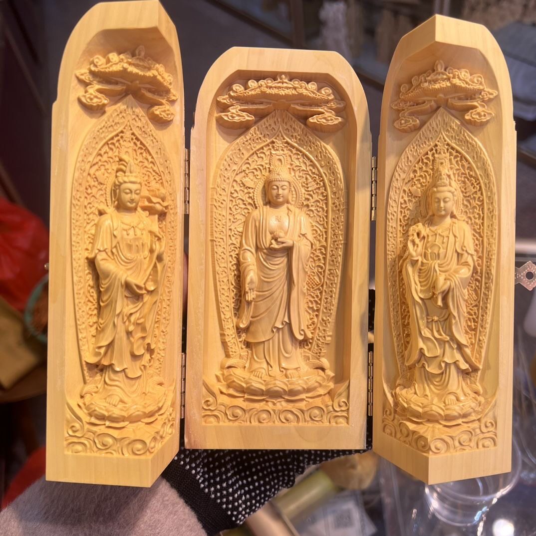 黄杨木雕刻大号西方三圣三开盒阿弥陀佛大势至观音菩萨摆件装饰品