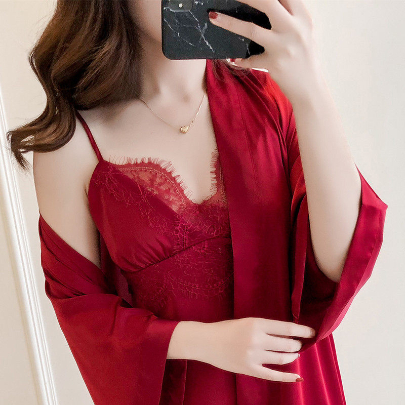 春秋仿真丝女士带胸垫吊带睡裙睡袍两件套装蕾丝性感睡衣欧美风