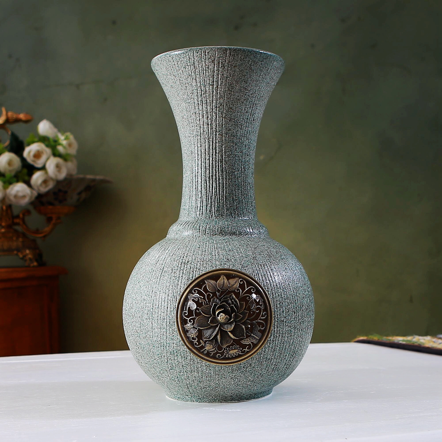 中式工艺陶瓷色釉镂空花瓶摆件客厅插花装饰品会所家居摆件 瑕疵