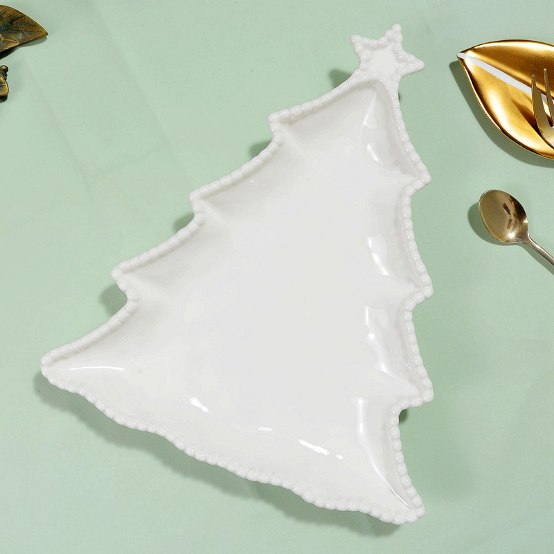 白色简约工艺陶瓷圣诞树餐盘家居会所下午茶点糕点平盘西餐盘瑕疵