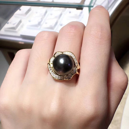 大溪地海水黑珍珠戒指11-12银女