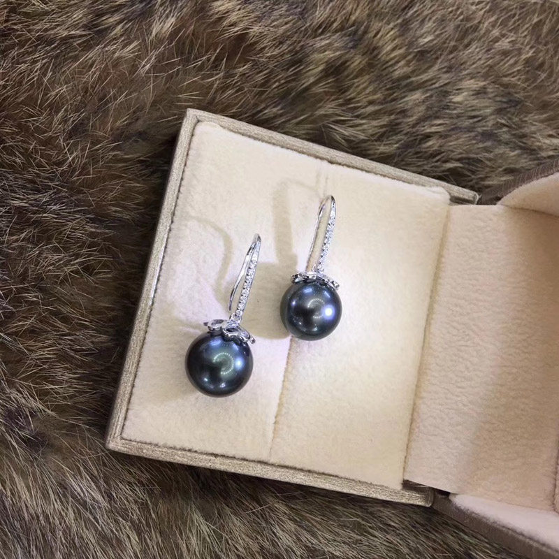 大溪地海水黑珍珠近正圆耳环耳钩耳钉耳饰强光正品925银女