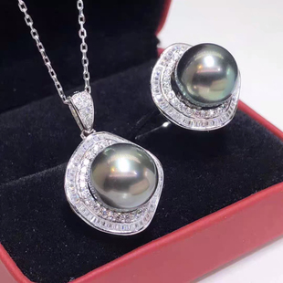 大溪地海水黑珍珠吊坠戒指套装项链大颗粒11-12正圆正品强光女