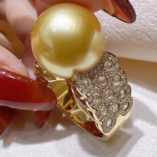 南洋海水金珠戒指金色真珍珠大颗粒12-13MM近正圆正品强光指环