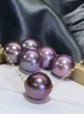 18K金淡水珍珠路路通吊坠项链爱迪生妖紫深紫色12-13MM正圆正品