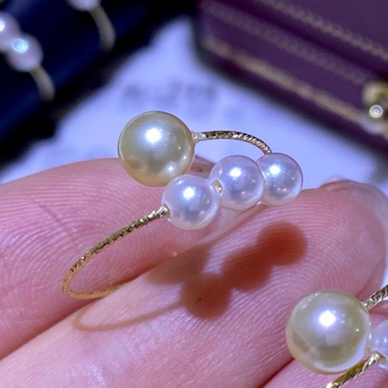 18K金海水akoya真珍珠弹力戒指羽皇金色5-6白色3-4正圆正品强光女