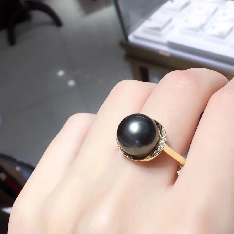 大溪地海水黑珍珠戒指黑色真珍珠指环正品强光正圆送女友朋友礼物