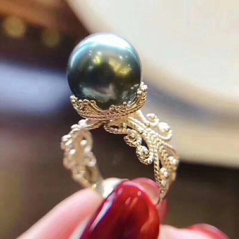 大颗粒支持鉴定正品黑珍珠戒指