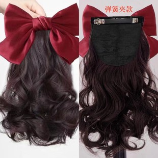 假发马尾弹簧夹波浪卷拆卸款大蝴蝶结女时尚逼真减龄30厘米短卷发