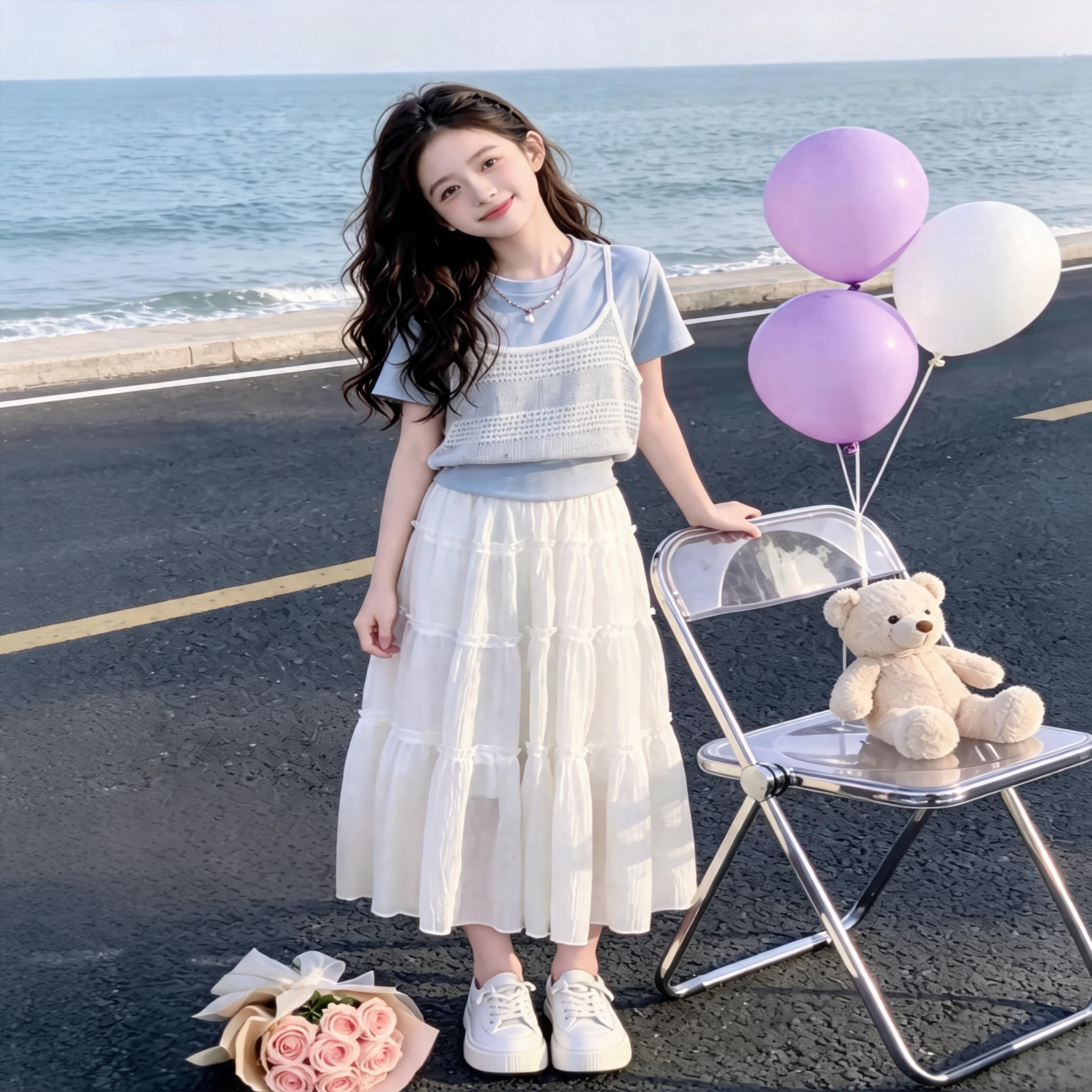 女童夏季2026新款儿童白色连衣裙夏装洋气短袖超火女孩半身裙套装