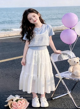 女童夏季2026新款儿童白色连衣裙夏装洋气短袖超火女孩半身裙套装