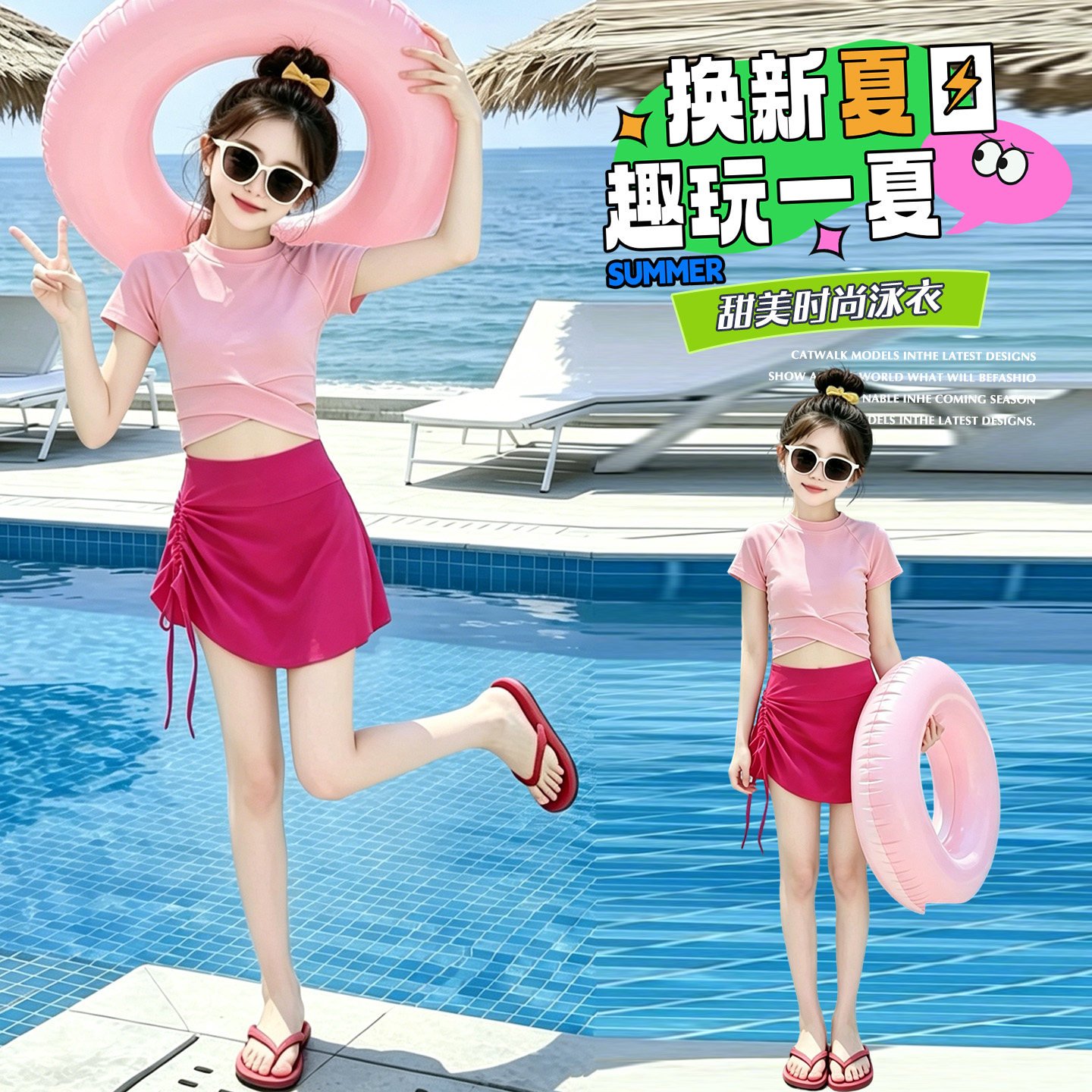 女童2026新款海边粉色分体泳衣