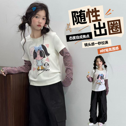中大童女孩卡通可爱上衣女童假两件长袖T恤2026新款洋气童装秋装