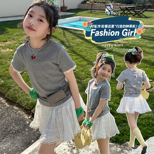 韩国童装女童套装夏季26新款大童镂空短袖T恤时髦儿童蕾丝半身裙
