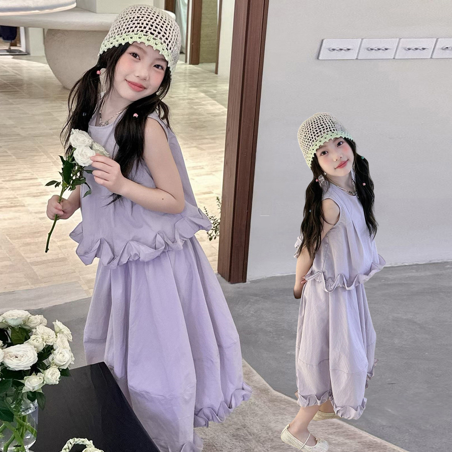 女童夏季紫色韩系花苞半身裙套装
