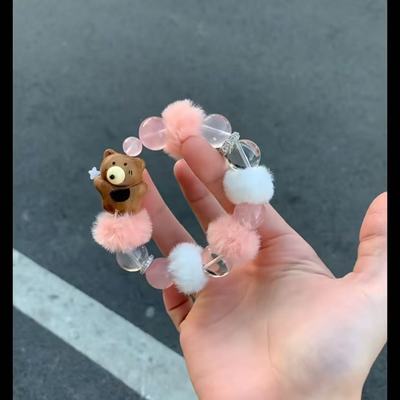 可爱小熊毛绒桃木手串木质串珠手链女高级感卡通手饰送礼配件饰品