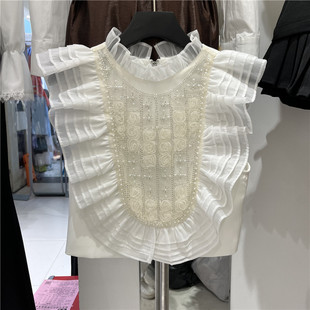 无袖 甜美木耳花边拼接亮片立体花朵短款 新款 立领小衫 上衣 2025夏季
