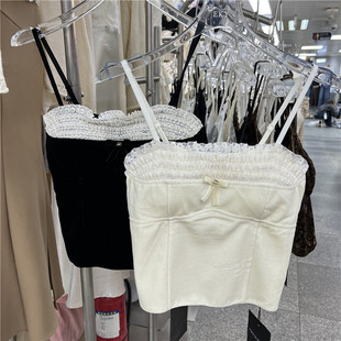 百搭上衣女 名媛小个子短款 蝴蝶结蕾丝拼接丝绒吊带2025秋季 新款