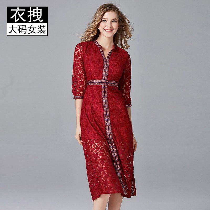 欧美复古大码宫廷连衣裙 中老年时尚春秋装新款蕾丝V领休闲裙子