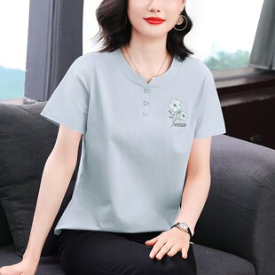妈妈夏装纯棉短袖上衣圆领绣花T恤中年女性宽松显瘦体恤衫