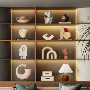 侘寂风黄洞石抽象几何开放格摆件客厅酒店民宿样板间复古软装饰品