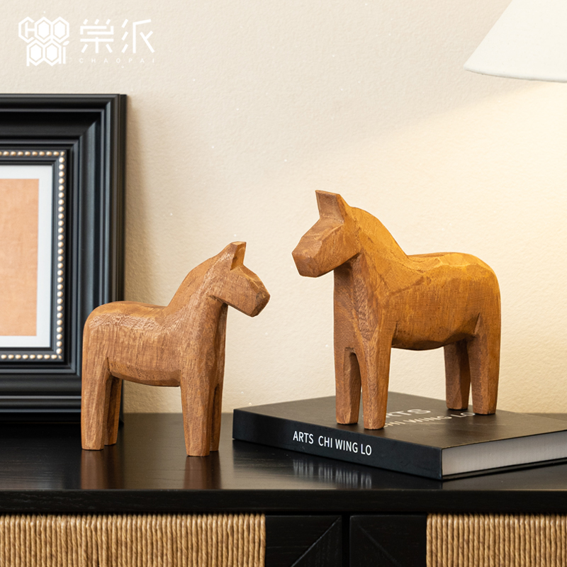 日式复古收工雕刻小木马工艺品摆件家居客厅玄关桌面艺术软装饰品