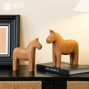 日式复古收工雕刻小木马工艺品摆件家居客厅玄关桌面艺术软装饰品
