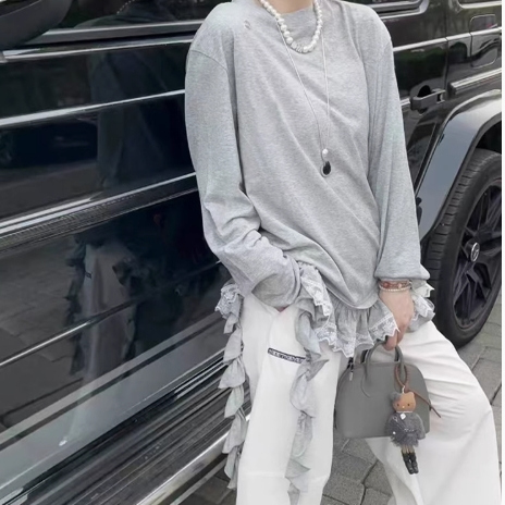 现货UH木耳小裙摆面膜T恤25早秋圆领长袖上衣设计师款木耳边简约