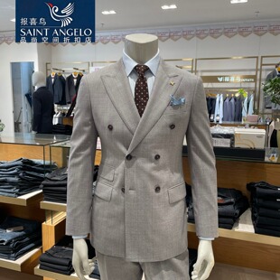 新款 报喜鸟男套装 西服双排扣标准版 棕卡其威尔士格春季 戗驳领 正品