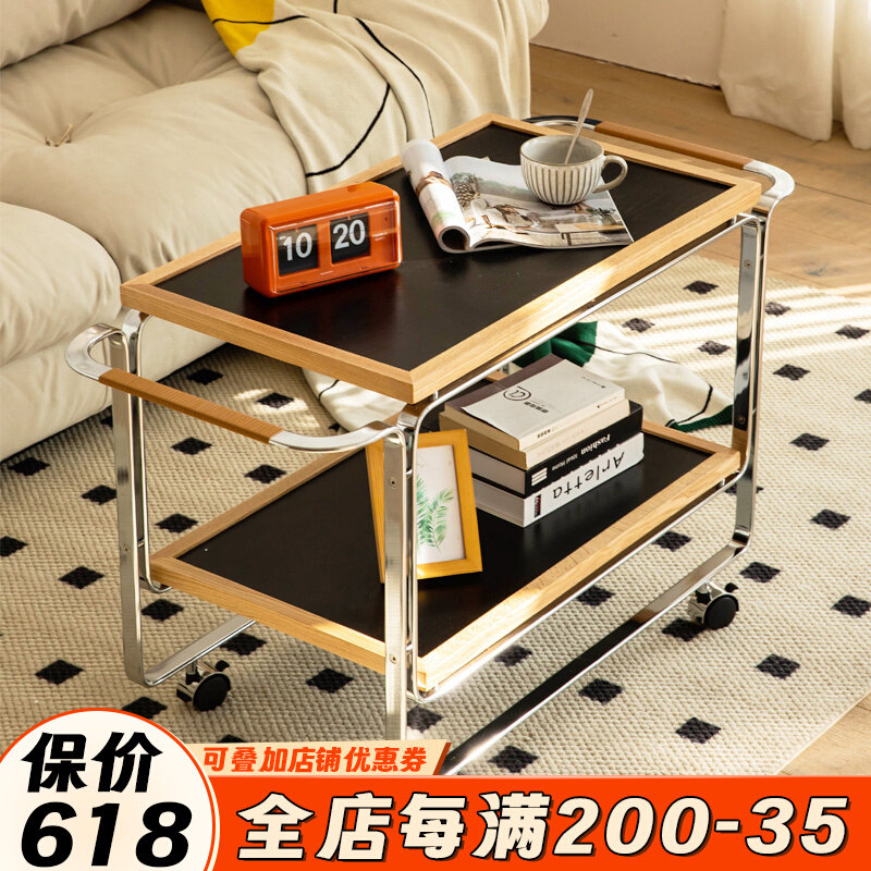 客厅小茶几沙发边几移动茶台实木带轮中古小推车餐边柜床头置物架
