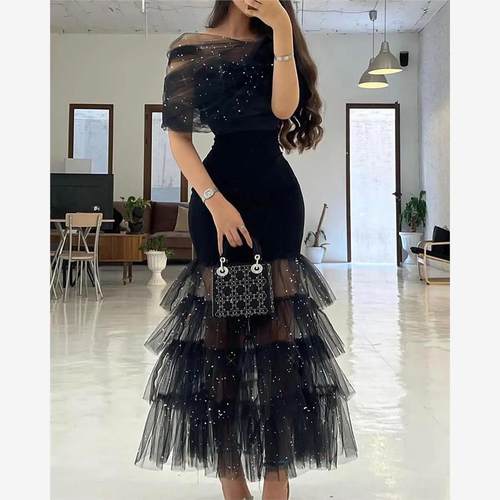 Glitter Layered Sheer Mesh Party Dress黑色网纱拼接礼服连衣裙