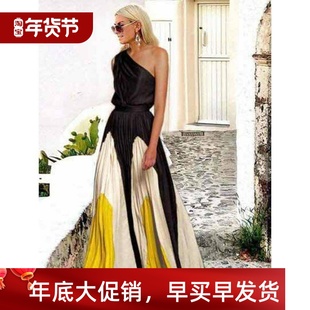 dress时尚 Oblique pleated printed 斜肩印花百褶连衣裙 shoulder