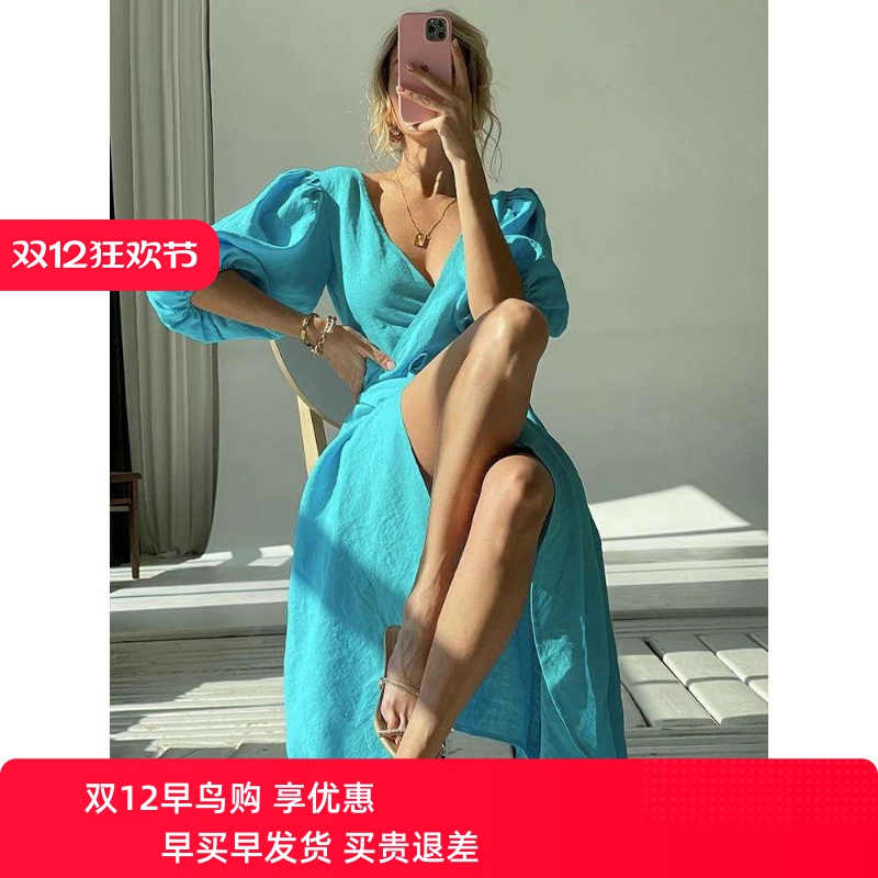 Summer V Neck Long Wrap Dresses Women Elegant Short Puff Sle - 封面