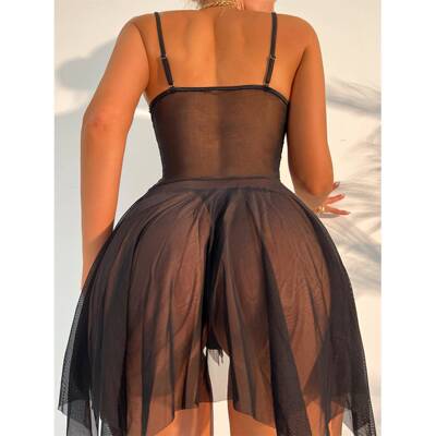 V-neck lace mesh jumpsuit with straps吊带V领蕾丝网纱连体衣女