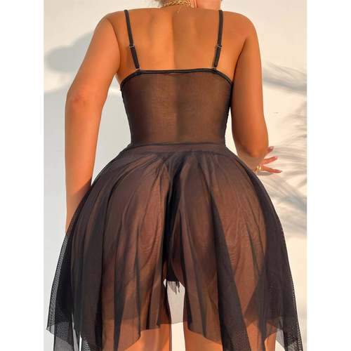 V-neck lace mesh jumpsuit with straps吊带V领蕾丝网纱连体衣女