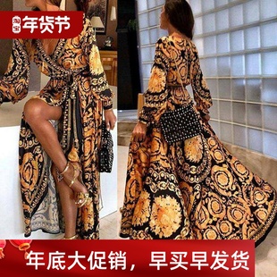 neck retro large Women& dress swing 女士V领复古大摆 x27;s