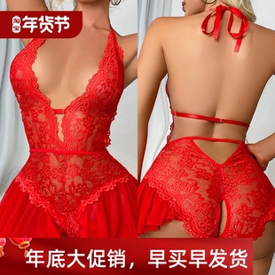 lace neck back jumpsuit深V挂脖露背蕾丝连体内衣女 open Deep